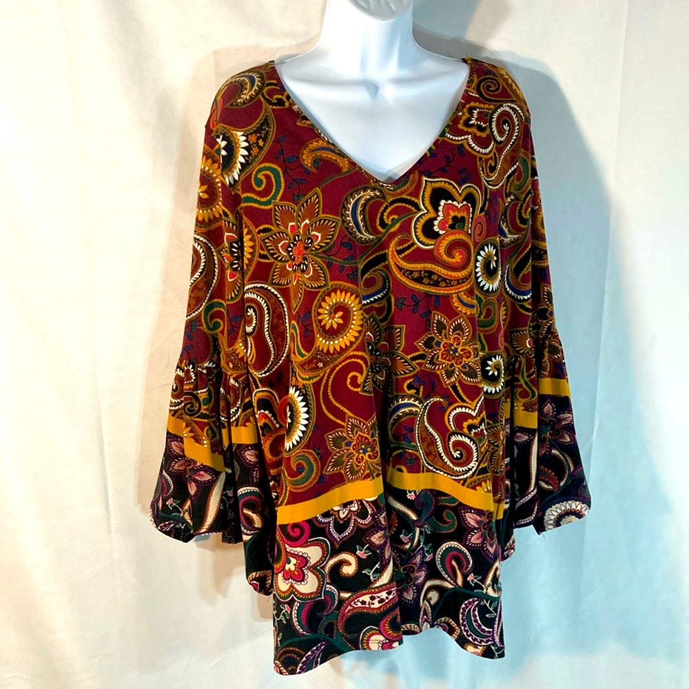 Melissa Paige brown black multicolor floral paisley V-neck flared sleeve top 1X